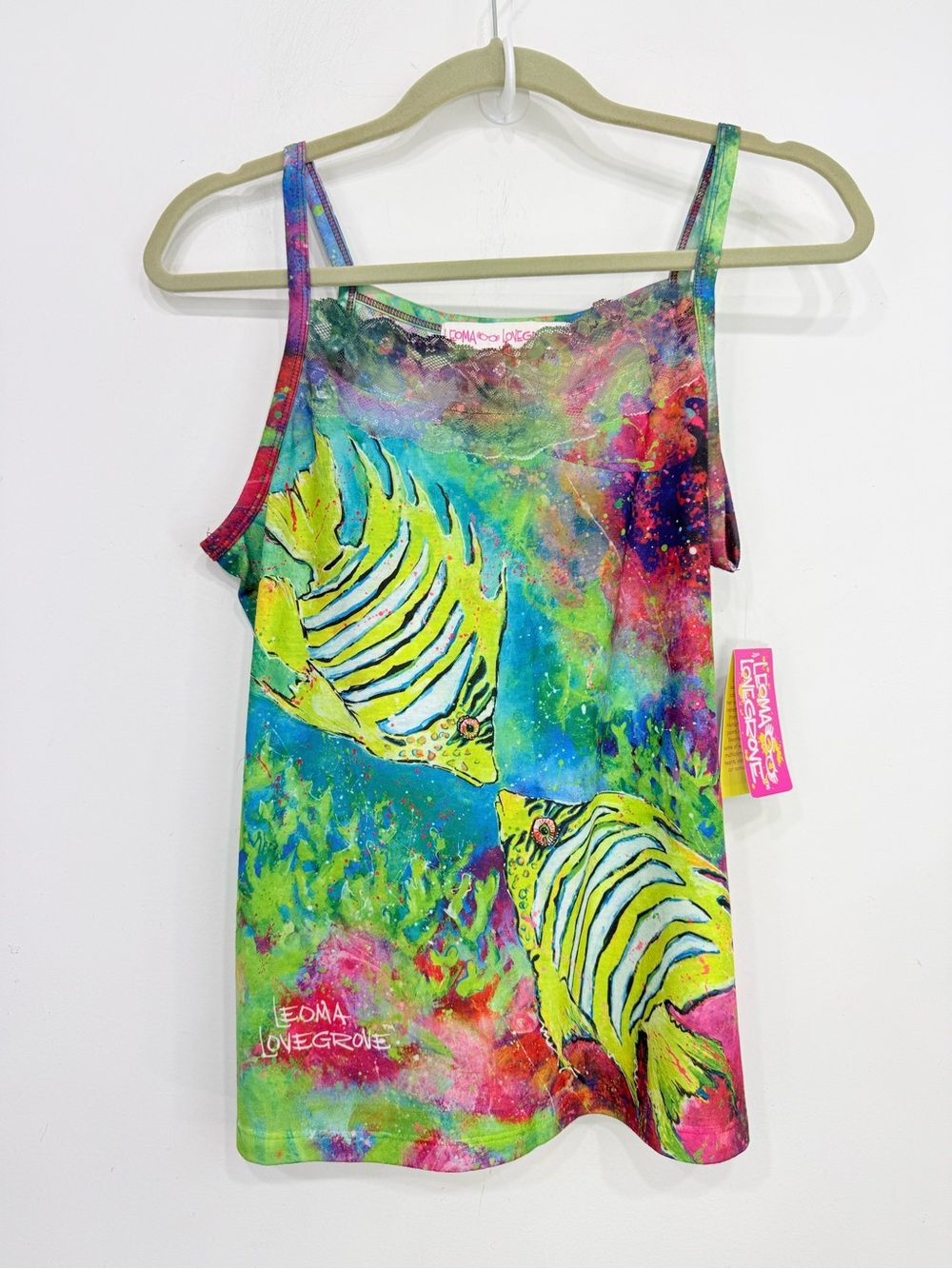 Leoma Lovegrove Colorful Coral Yellow Tropical Fish Lace Collar Tank Top NEW